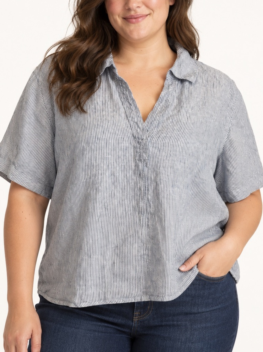 QUINCE 100% Linen Blue & White Striped Popover Shirt XL